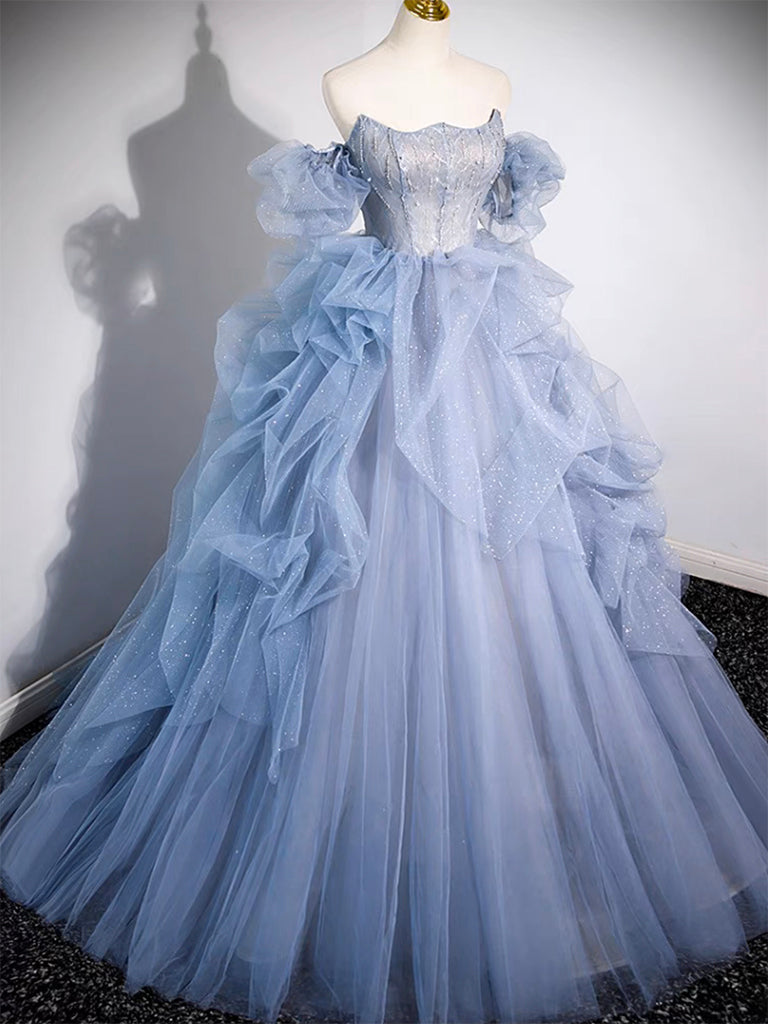 Blue A-line tulle long prom dress, blue tulle formal dress,DS4405 main image 1