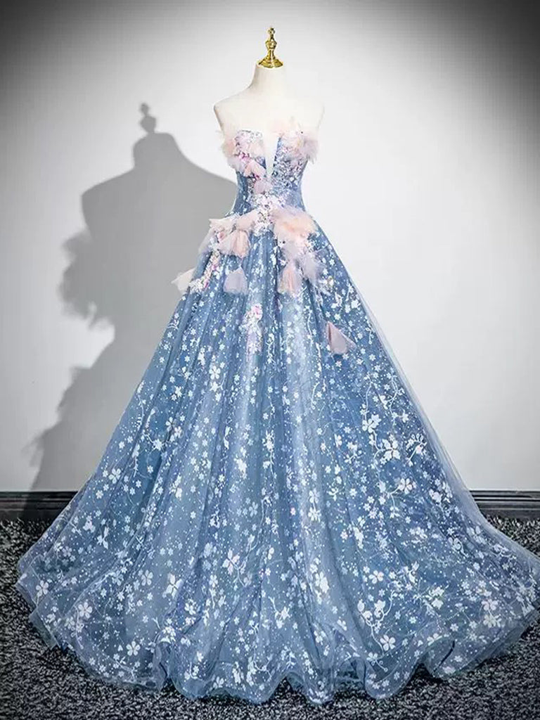 green emerald velvet dress A-Line Off Shoulder Tulle Lace Gray Blue Long Prom Dress, Gray Blue Fo –  toptby