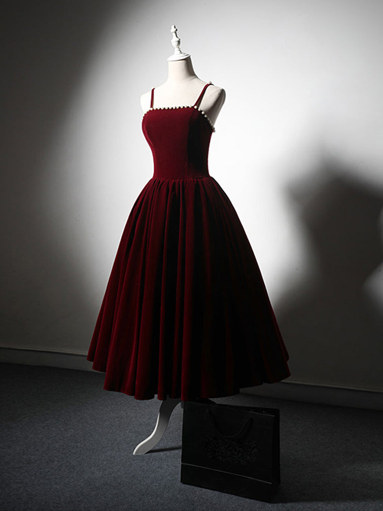 A-Line Velvet Tea Length Burgundy Prom Dress, Burgundy Cocktail Dress   toptby
