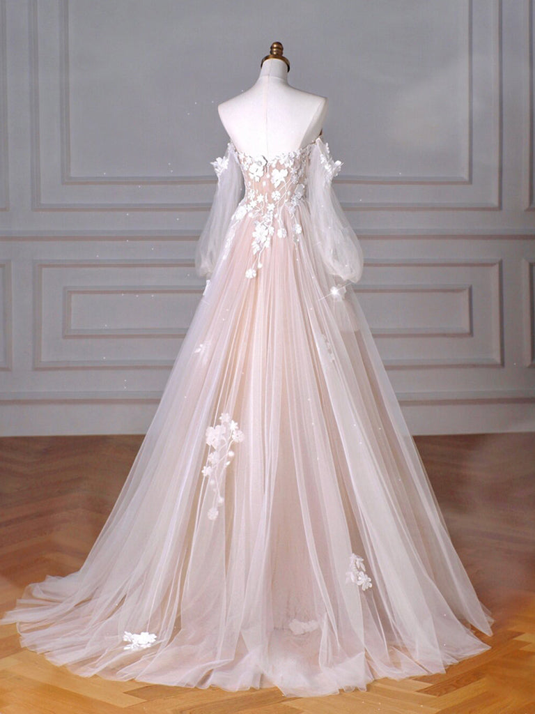 A-Line Long Sleeves Tulle Lace Champagne Long Prom Dress, Champagne Lo
