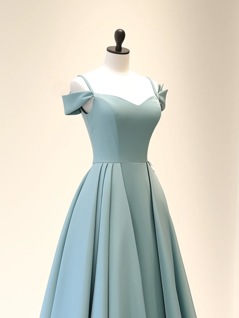 A-line Blue Satin Off Shoulder Long Prom Dress, Blue Satin Evening Dress Formal Dress
