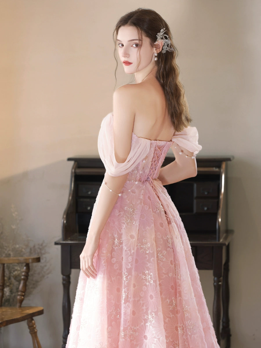 Pink A-Line Off Shoulder Tulle Lace Long Prom Dress, Pink Lace Long Ev   toptby