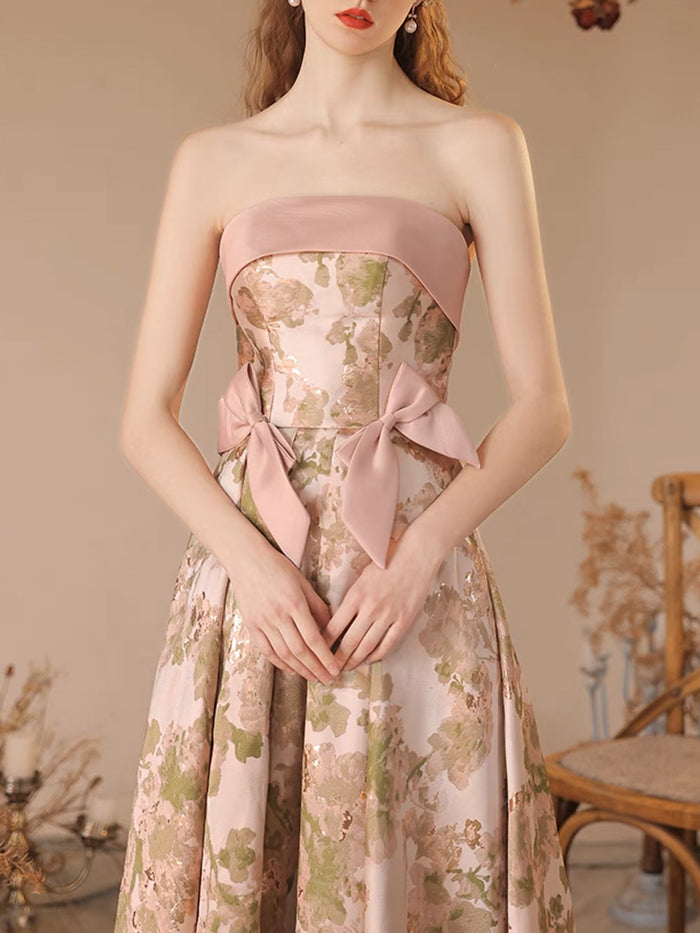 Simple A-Line Satin Tea Length Pink Prom Dress, Pink Formal Dress