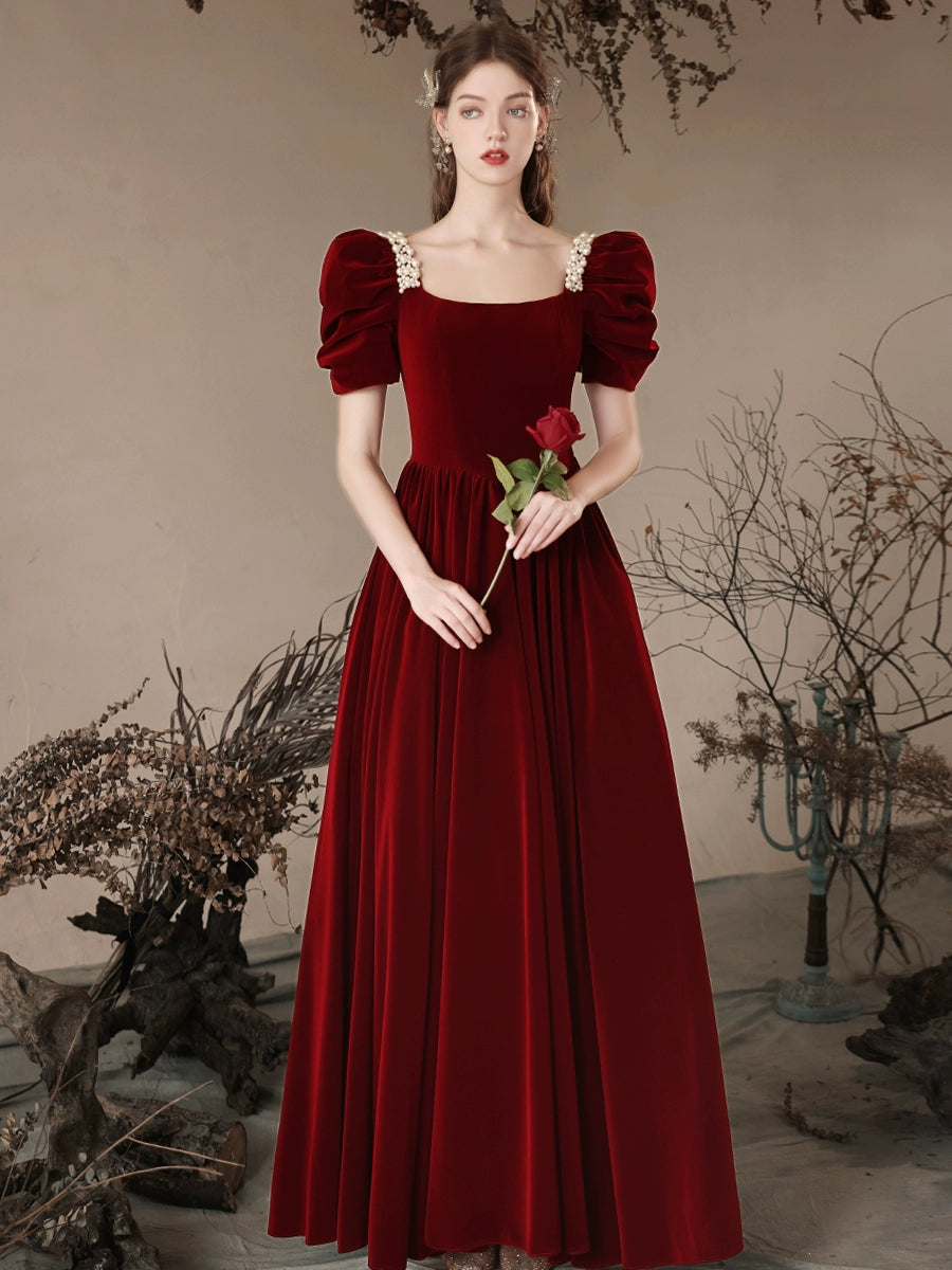 Burgundy A-Line Velvet Beads Long Prom Dress, Burgundy Long Formal Dress
