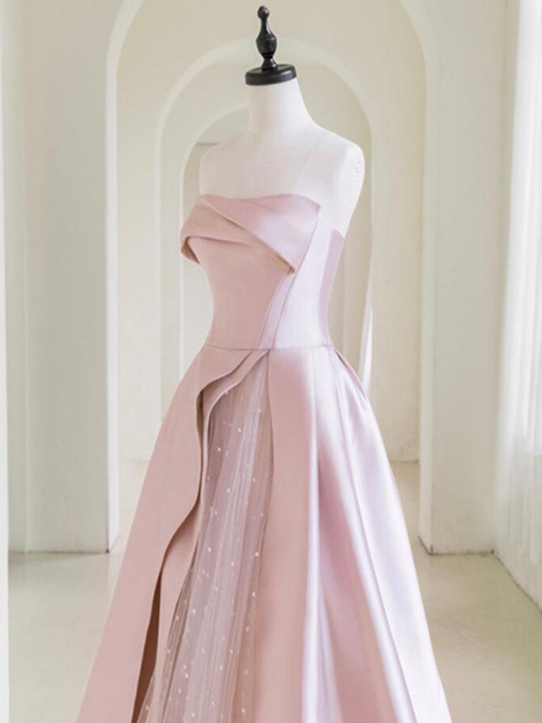 A-Line Satin Tulle Pink Long Prom Dress, Pink Long Formal Dress toptby A-Line Satin Tulle Pink Long Prom Dress, Pink Long Formal Dress toptby