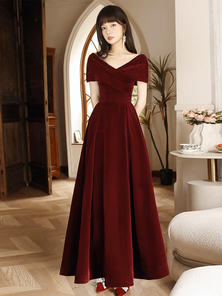 Simple V Neck Velvet Burgundy Long Prom Dress, Burgundy Long Formal Dr toptby Simple V Neck Velvet Burgundy Long Prom Dress, Burgundy Long Formal Dr toptby