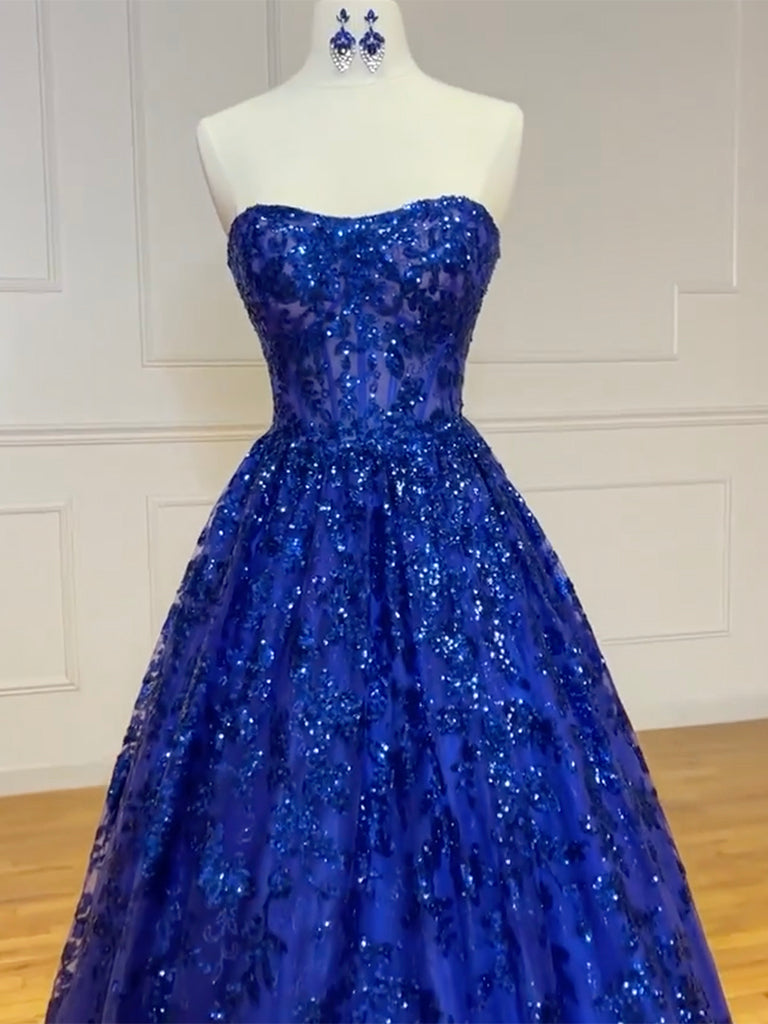 Gorgeous Blue Prom Dress Sweetheart A-Line Long Evening Dress Tulle Applique Formal Dress DP05050