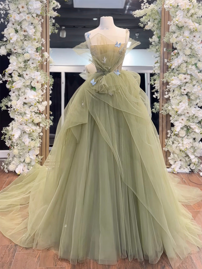 A-Line Tulle Green Long Prom Dress, Green Tulle Long Sweet 16 Dress toptby A-Line Tulle Green Long Prom Dress, Green Tulle Long Sweet 16 Dress toptby
