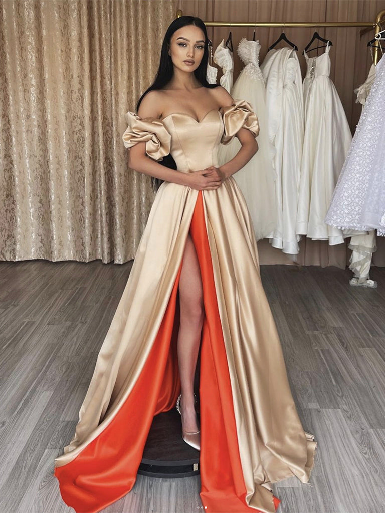 A-Line Satin Champagne/Orange Long Prom Dress, Champagne Long Evening   toptby
