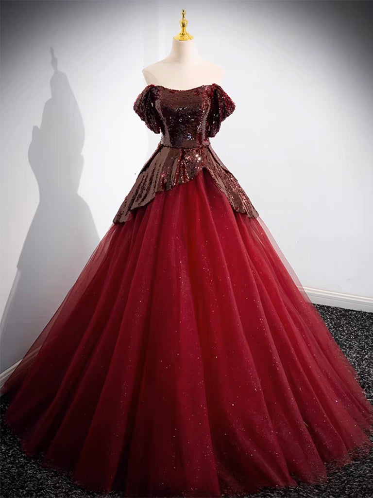 A-Line Off Shoulder Tulle Sequin Burgundy Long Prom Dress, Burgundy Ev ...