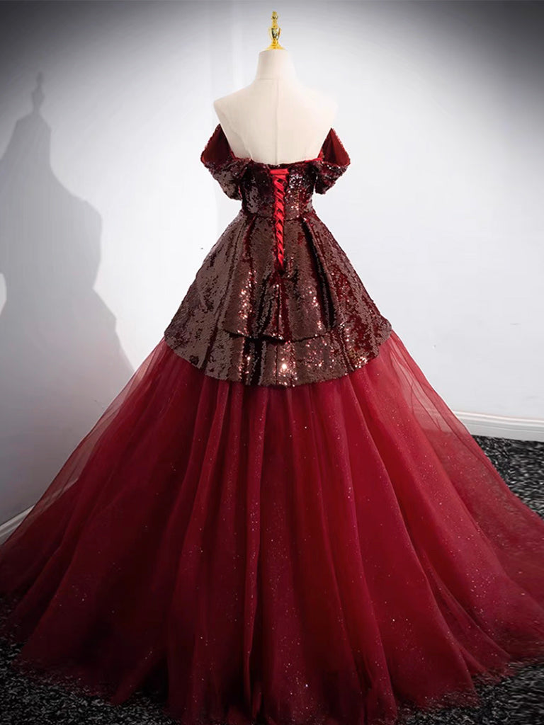 2540 Burgundy One Shoulder Sequins Tulle Dress