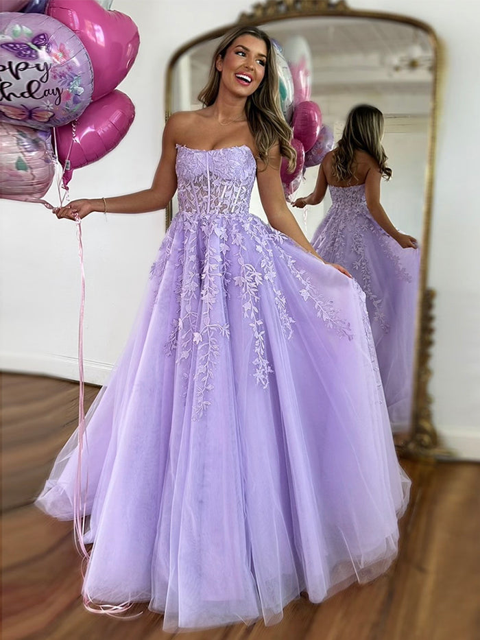 A-Line Tulle Lae Purple Long Prom Dress, Purple Lace Long Formal Dress