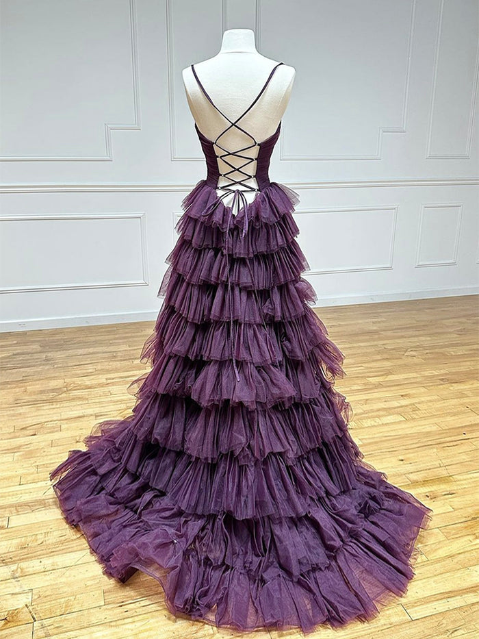A-Line Backless Tulle Purple Long Prom Dress, Tulle Long Formal Dress