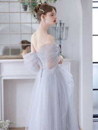 A-Line Off Shoulder Tulle Sequin Gray Long Prom Dress, Gray Sweet 16 Dress