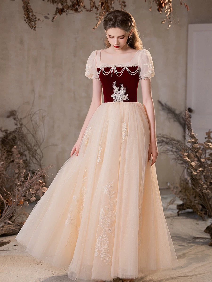 A-Line Tulle Champagne Long Prom Dress, Tulle Long Formal Dress with Beads A-Line Tulle Champagne Long Prom Dress, Tulle Long Formal Dress with Beads