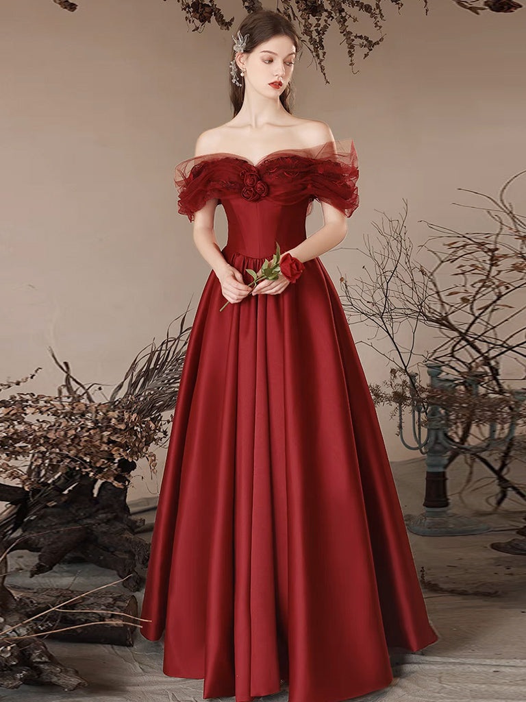 A-Line Off Shoulder Tulle Burgundy Long Prom Dress, Burgundy Long Formal Dress
