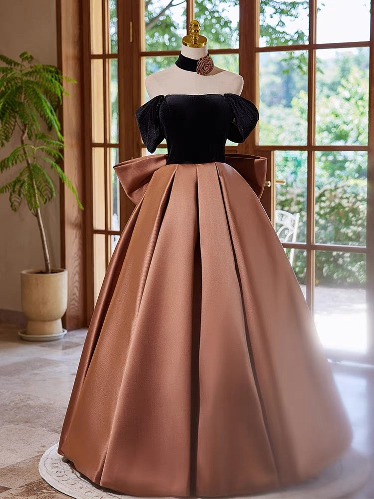 A-Line Off Shouder Satin Brown Long Prom Dress, Brown Long Formal Dres –  toptby