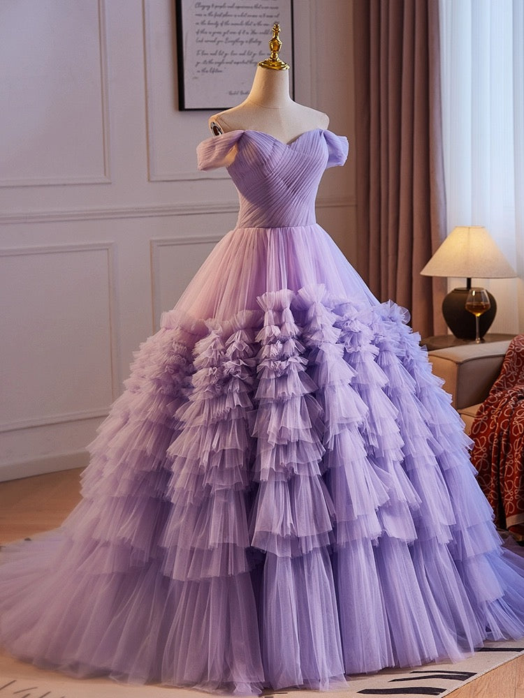 fitted lace wedding dress A-Line Off Shoulder Tulle Purple Long Prom Dress, Purple Long Evening Dress
