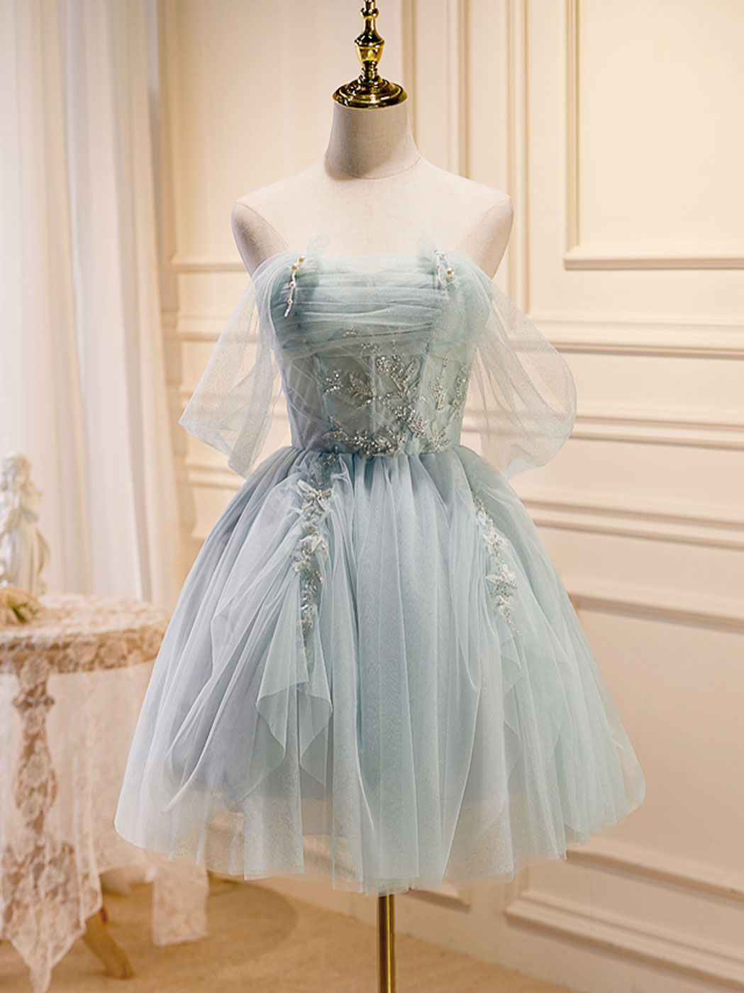 Puffy Tulle Off Shoulder Green Short Prom Dress, Green Cute Homecoming   toptby