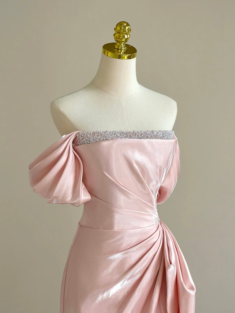 Elegant A Line Off The Shoulder Satin Pink Lace Appliques Long Prom Dresses Party Dress