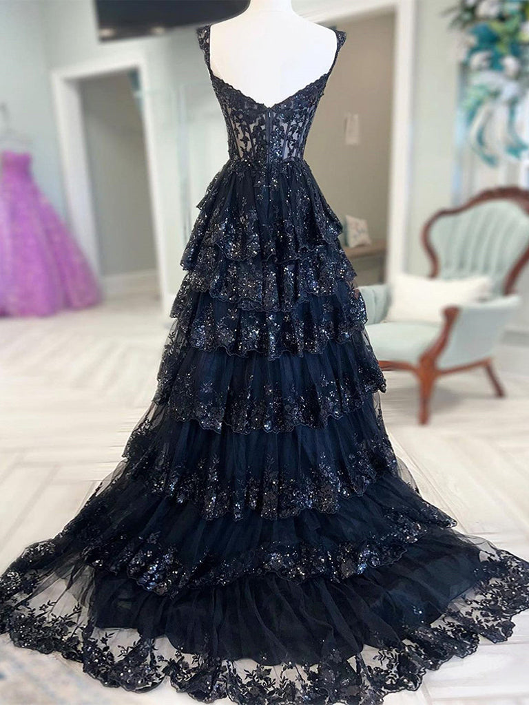 Puffy Sleeve Sequin Feather Black A Line Prom Dress