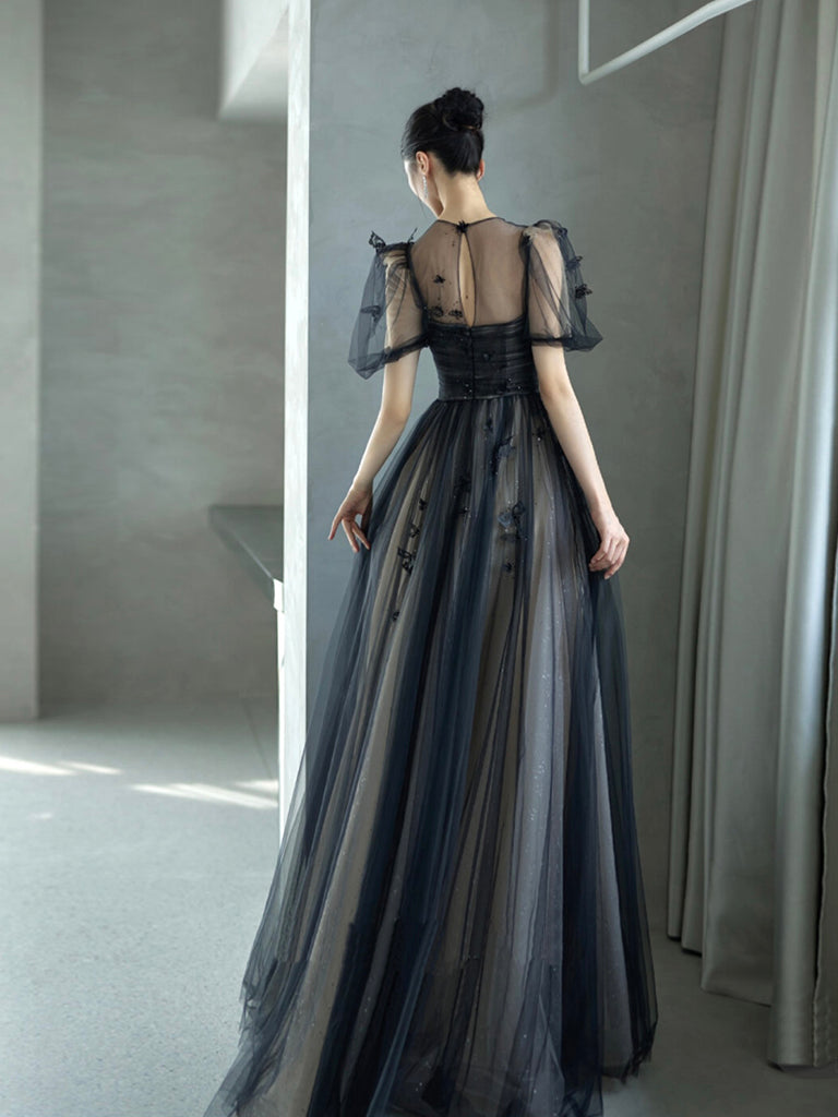 A-Line Tulle Butterfly Lace Black Long Prom Dress, Black Long Evening –  toptby