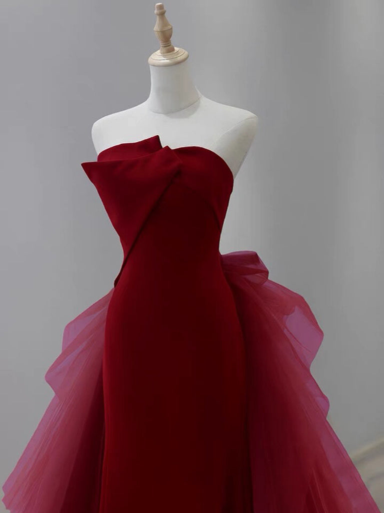 Burgundy Mermaid Tulle Long Prom Dress, Burgundy Formal Evening Dress