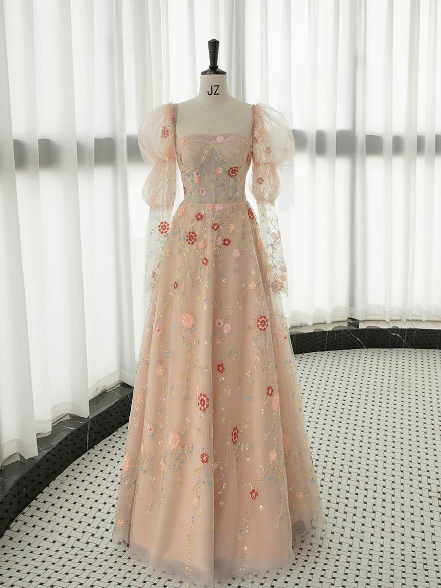 A-Line Long Sleeve Champagne Pink Lace Long Prom Dress – toptby