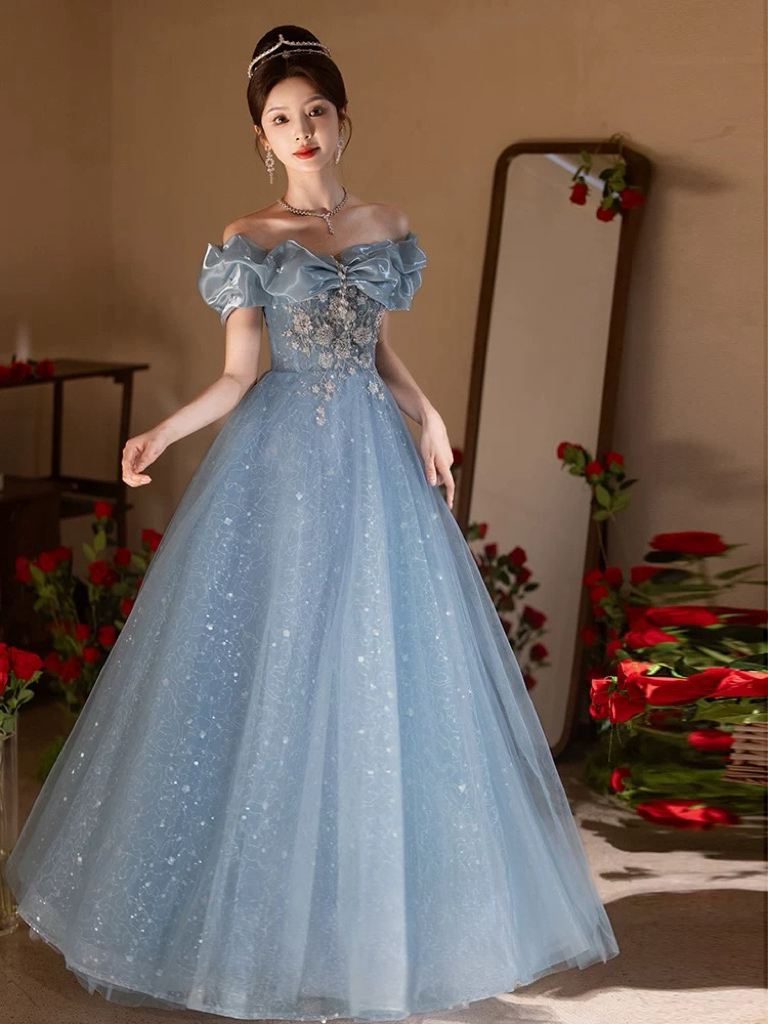 A-Line Sweetheart Neck Tulle Lace Gray Blue Long Prom Dress, Gray Blue toptby A-Line Sweetheart Neck Tulle Lace Gray Blue Long Prom Dress, Gray Blue toptby