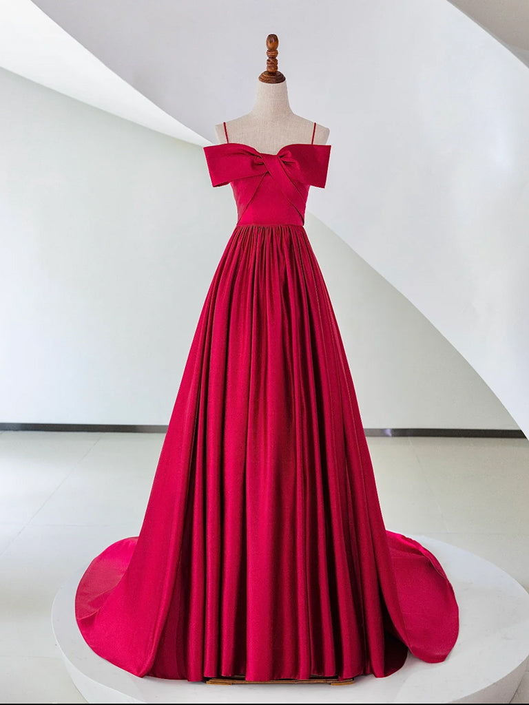 A-Line Off Shoulder Satin Red Long Prom Dress