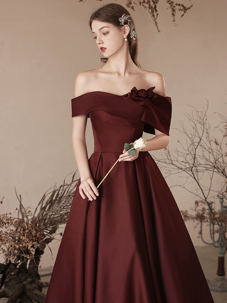 A-Line Off Shoulder Satin Burgundy Long Prom Dress, Burgundy Long Form