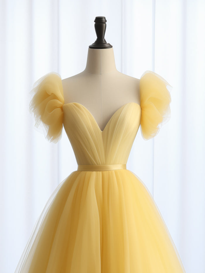 A-Line Sweetheart Neck Tulle Yellow Long Prom Dress, Yellow Long Formal Dress