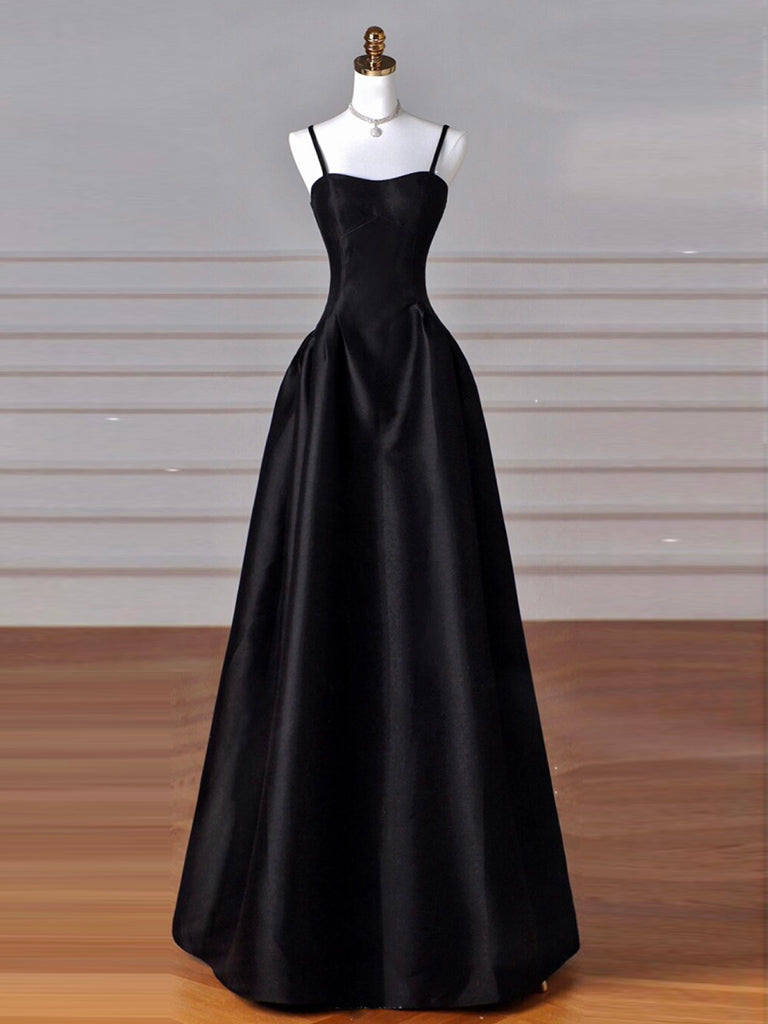 Elegant A Line Strapless Black Satin Long Prom Dresses Formal Dress