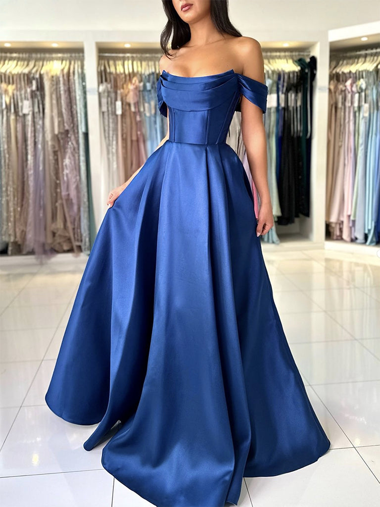 A-Line Off Shoulder Satin Blue Long Prom Dress, Blue Long Evening Dres