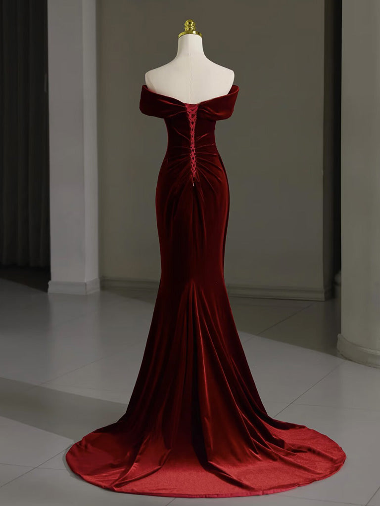 Elegant Mermaid One-Shoulder Velvet Satin Burgundy Floor Length Prom Dress main image 0