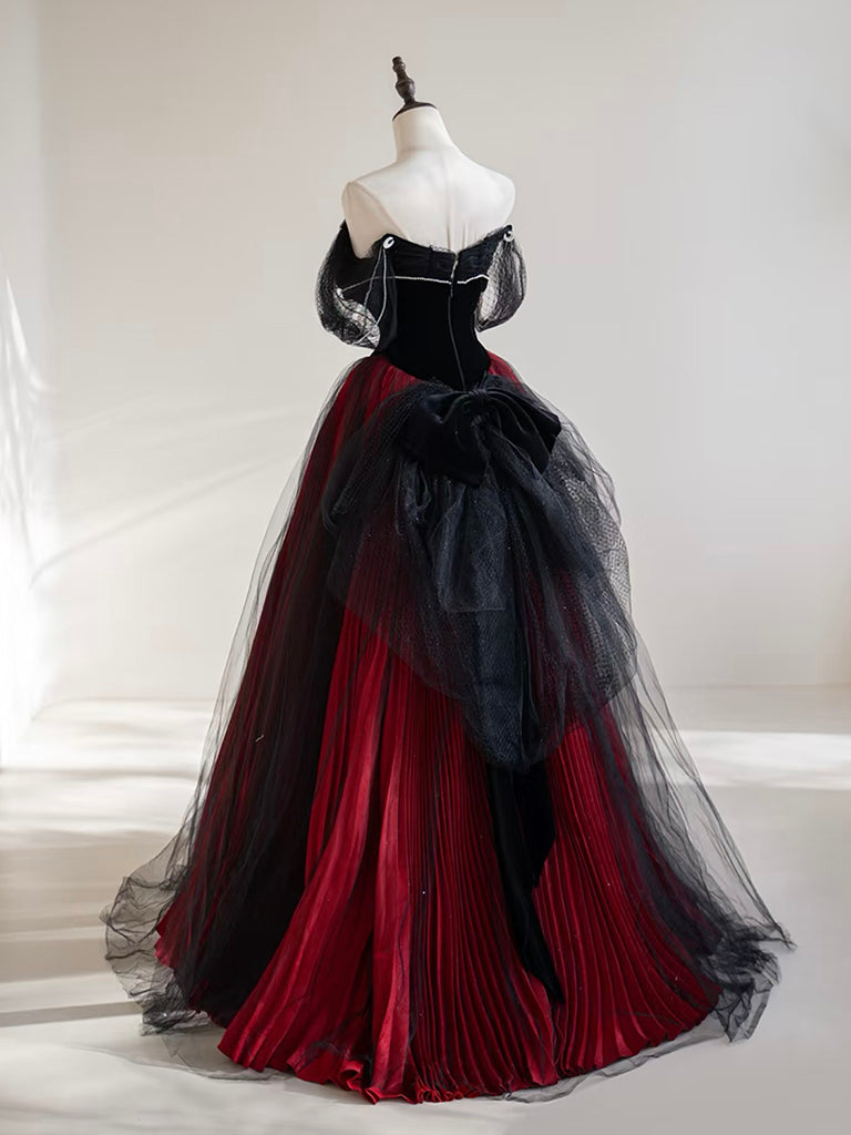 A-Line Off Shoulder Tulle Black/Burgundy Long Prom Dress – toptby