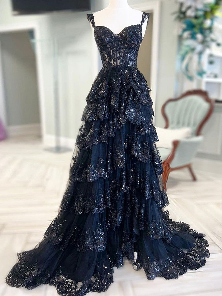 A-Line Sweetheart Neck Tulle Sequin Black Long Prom Dress, Black Formal  Dress