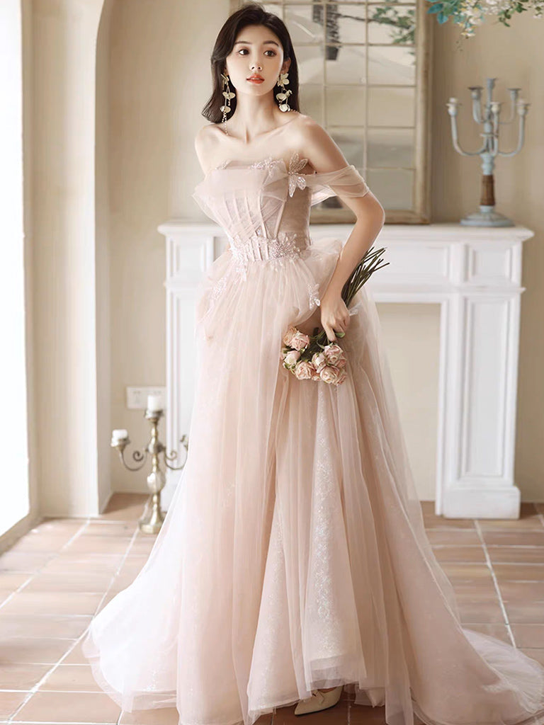 Champagne Tulle Short A-Line Formal Prom Dress, Off the Shoulder Evening Party Dress main image 1