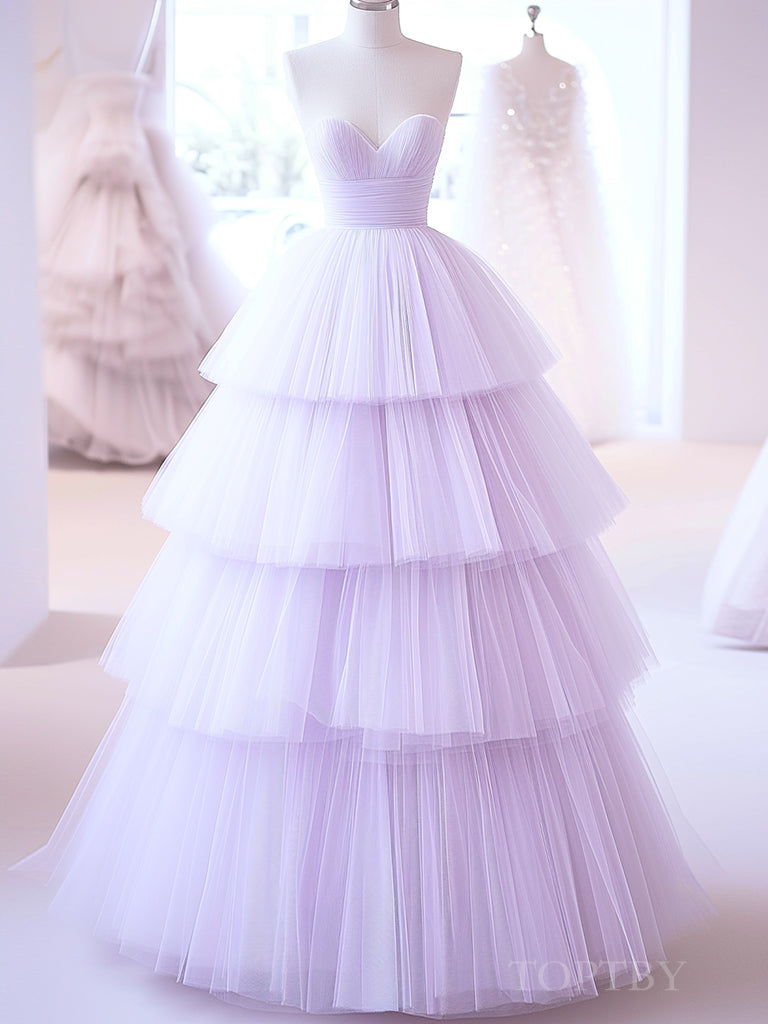 A-Line Sweetheart Tulle Tired Long Purple Prom Dresses Evening Dresses,DP0232 main image 1