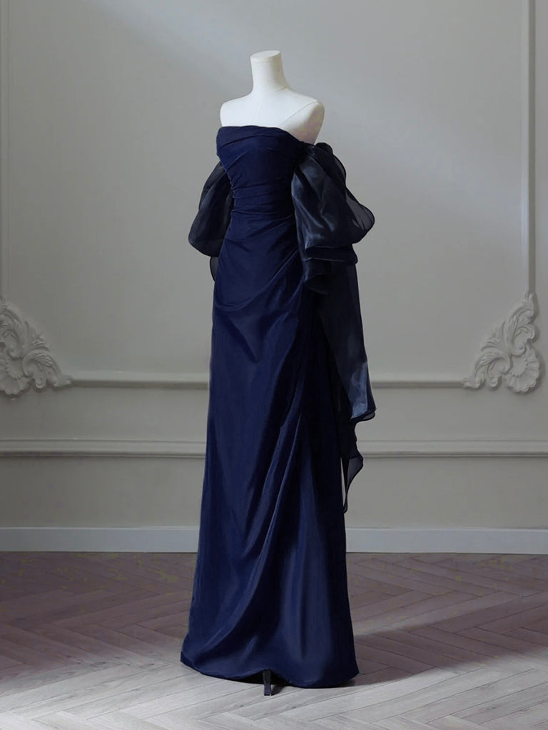 Simple Satin Dark Blue Long Prom Dress, Dark Blue Long Evening Dress