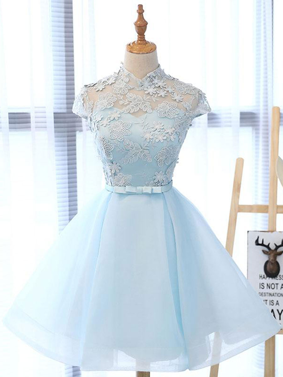 A line High Neck Lace Blue Short Prom Dress, Blue Homecoming Dress – toptby