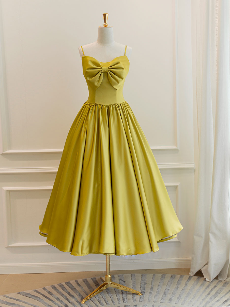 Simple yellow satin short prom dress, yellow bridesmaid dress – toptby