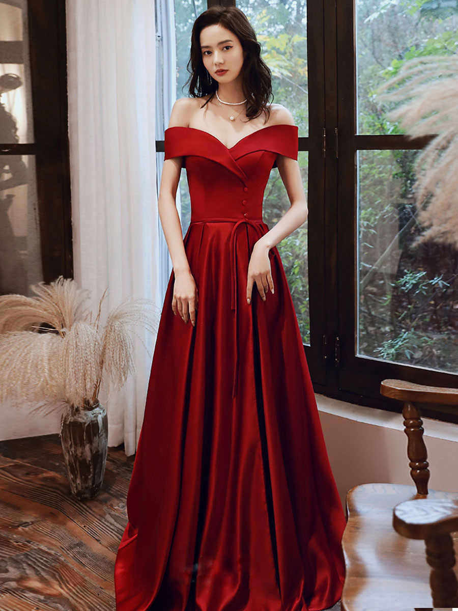 elegant v-neck off the shoulder long satin prom dresses Long Satin V-neck Prom Dresses Leg Slit Evening Dress Off Shoulder
