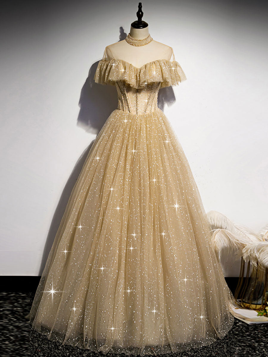 Gold tulle lace long prom dress gold sweet 16 dress – toptby