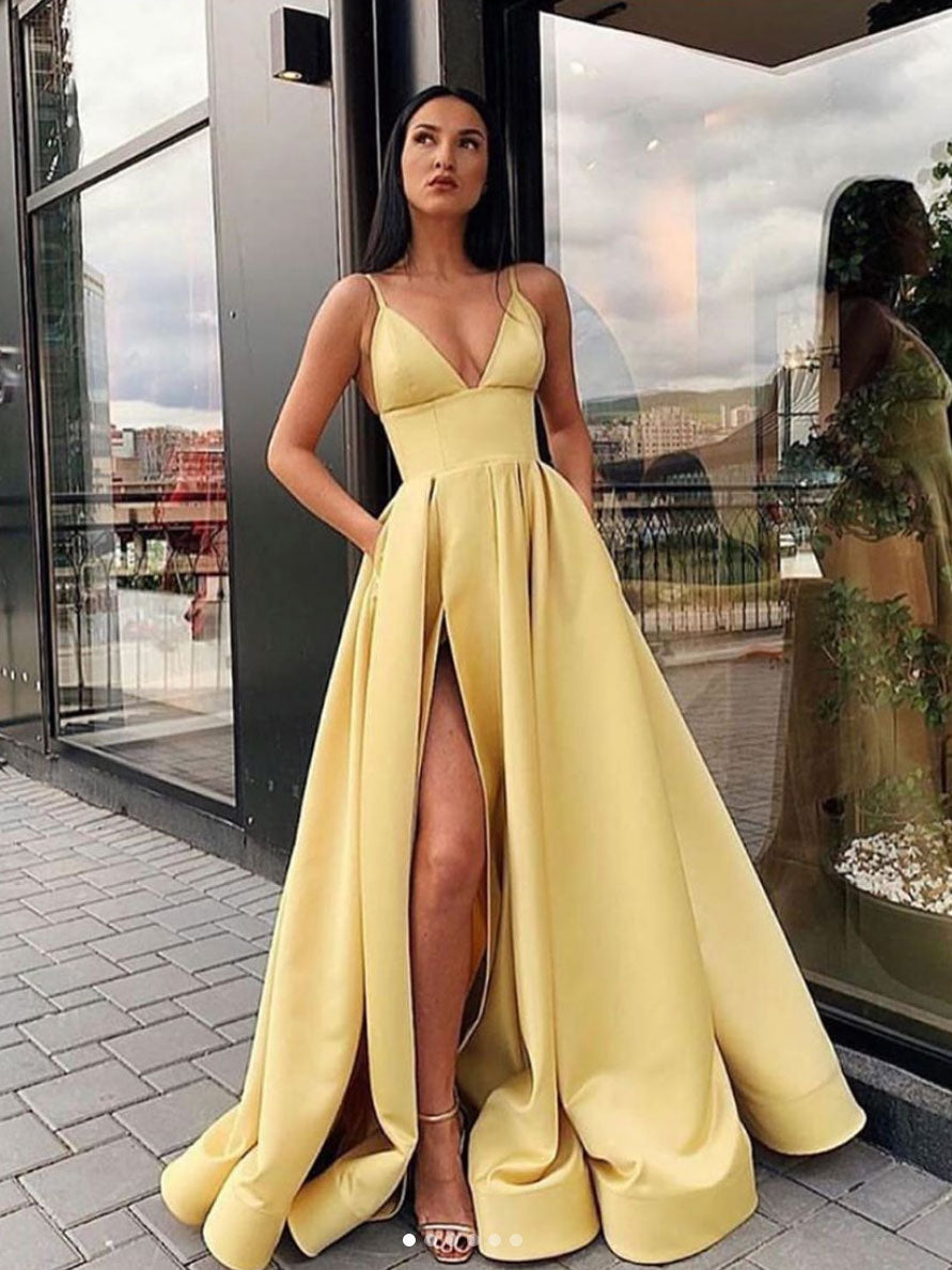 Simple yellow satin long prom dress, yellow evening dress toptby Simple yellow satin long prom dress, yellow evening dress toptby