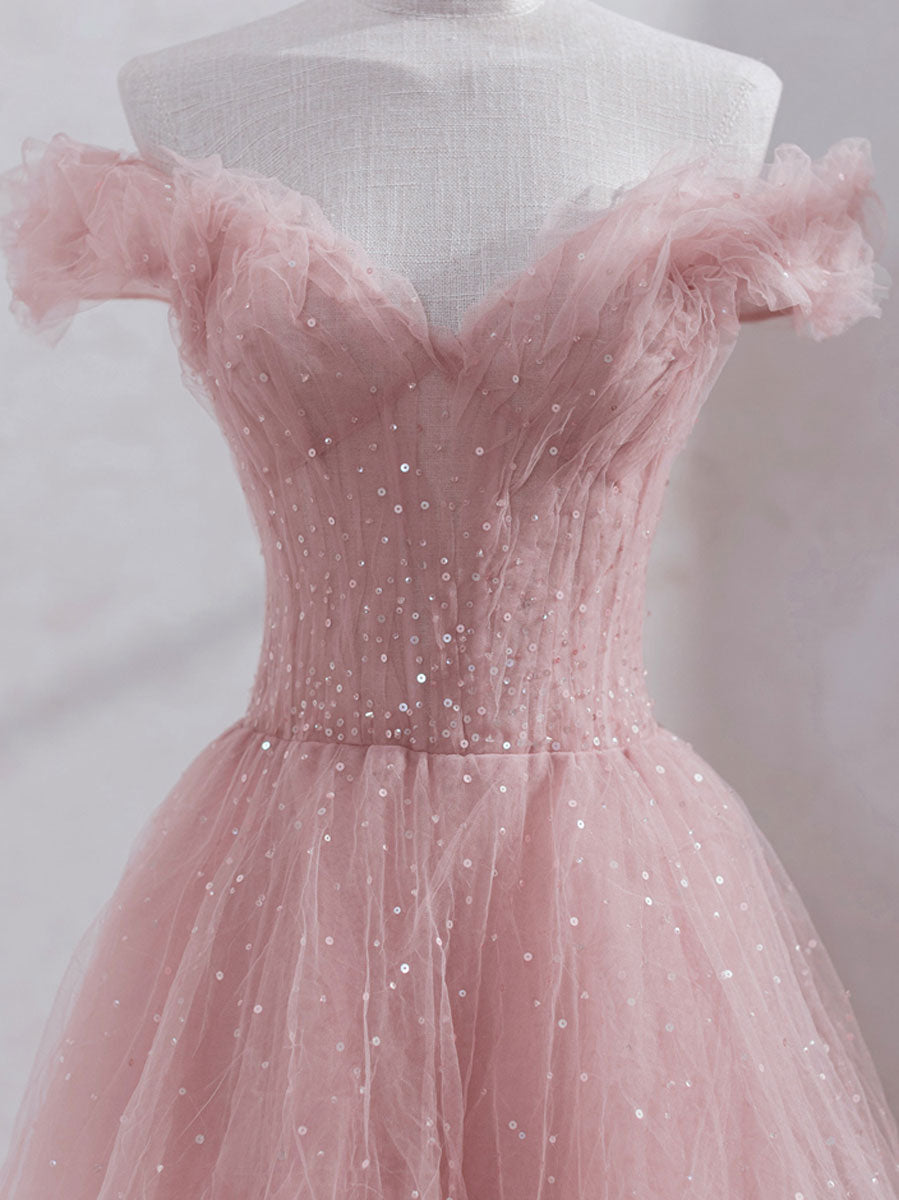 Brydealo Factory Pink Tulle Off-Shoulder Tea Length Formal Dress