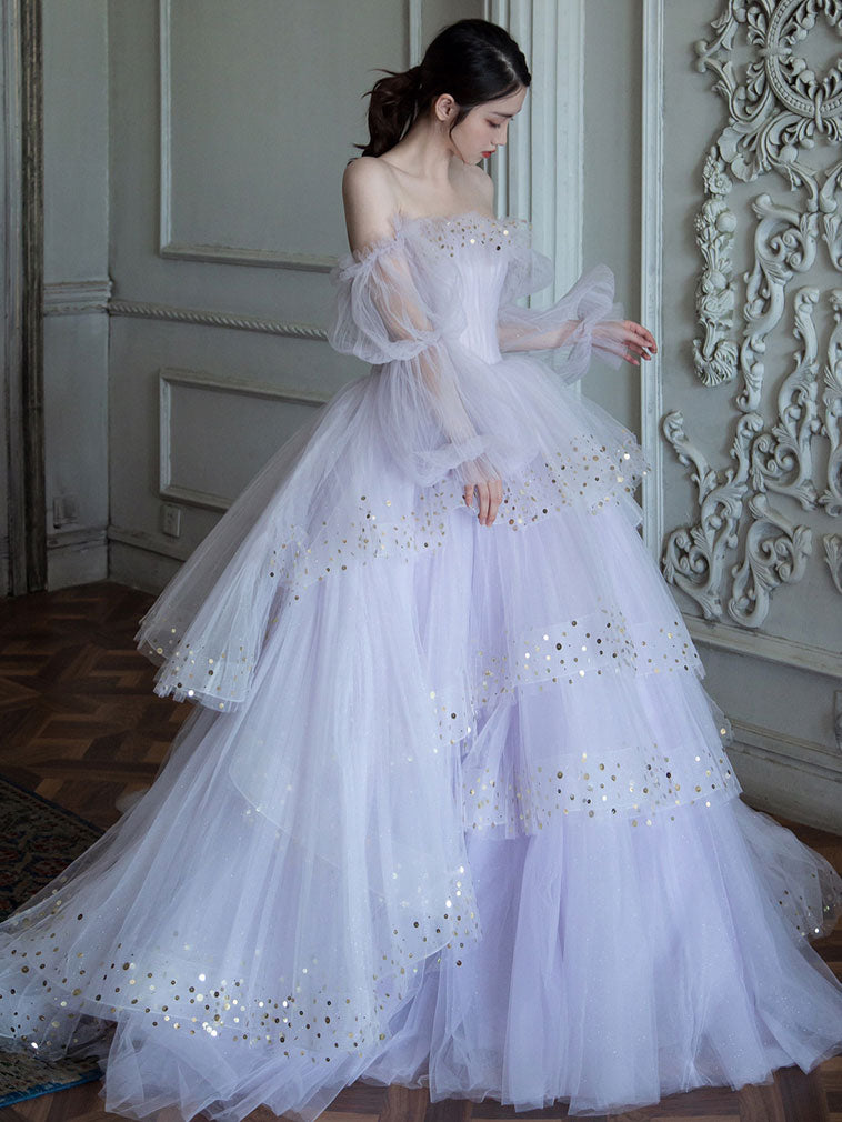 Light purple tulle long prom dress, purple tulle evening dress