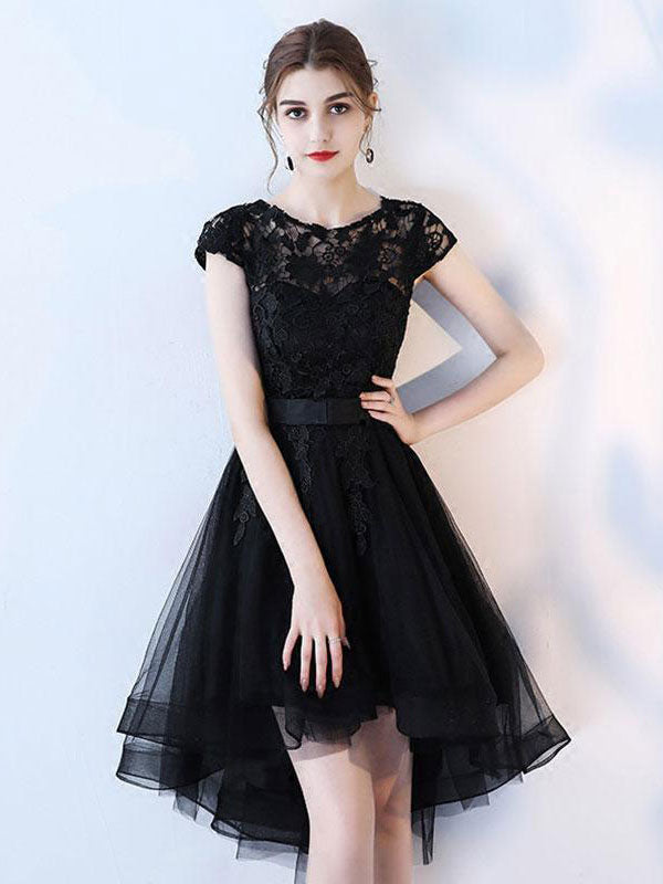 black lace hoco dress Elegant Black Lace V-neck Ruffles Homecoming Dresses Short Prom Gowns