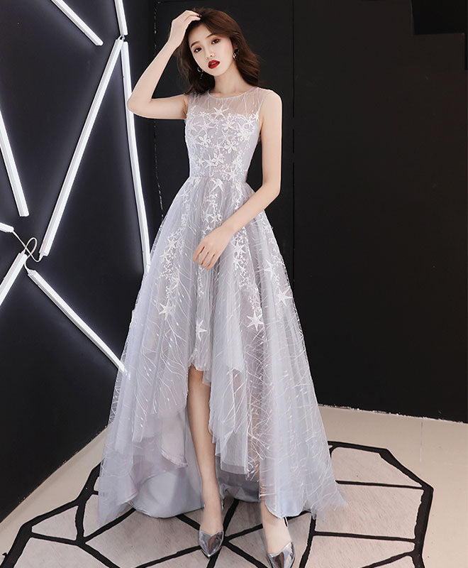 A line Hight Low Lace Prom Dresses, Gray Tulle Homecoming Dresses toptby A line Hight Low Lace Prom Dresses, Gray Tulle Homecoming Dresses toptby