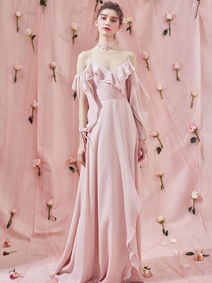 white christmas dresses Pink chiffon long prom dress pink bridesmaid dress – toptby
